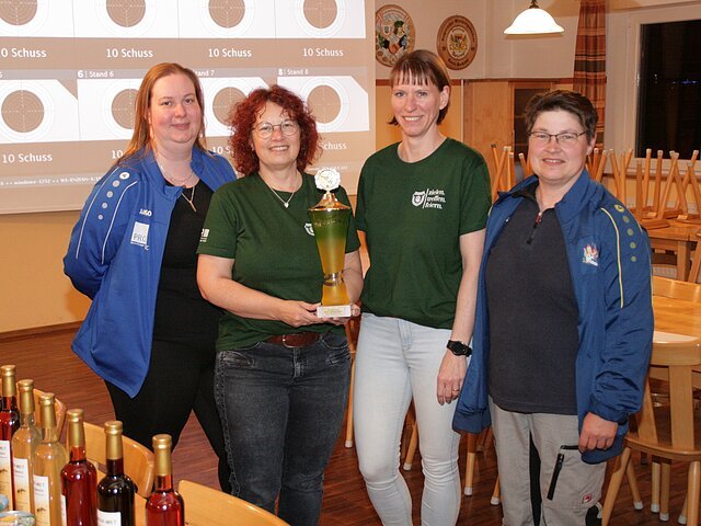 Sicherten sich den begehrten Wanderpokal vom Gau-Damen-Bestenschießen 2024.
(v.l.) 2. Gaudamenleiterin Tanja Ellinger, Birgit Wöhr, Antje Roigk und 1. Gaudamenleiterin Renate Glas.